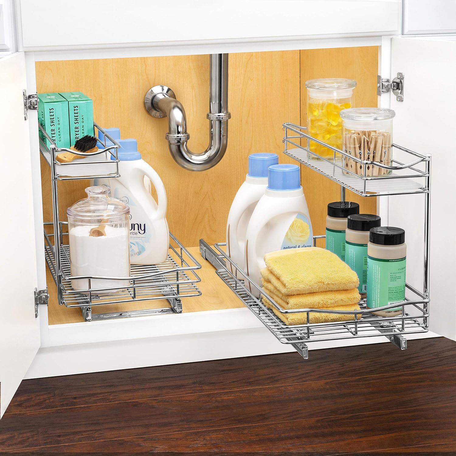Under Sink Cabinet Organizer Pull Out Two Tier Sliding Shelf, Chrome O292416