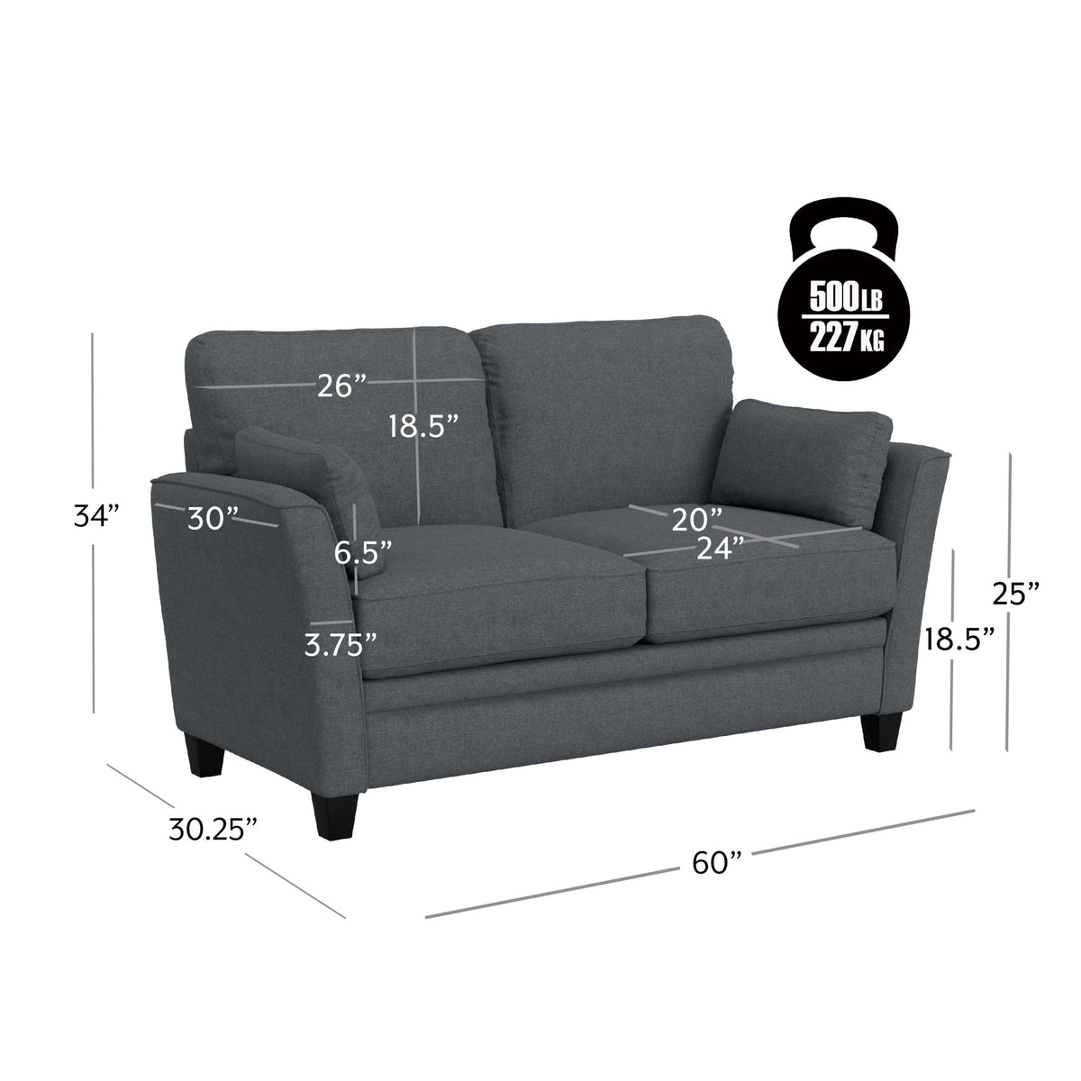 Gray Upholstered Loveseat with 2 Pillows L106