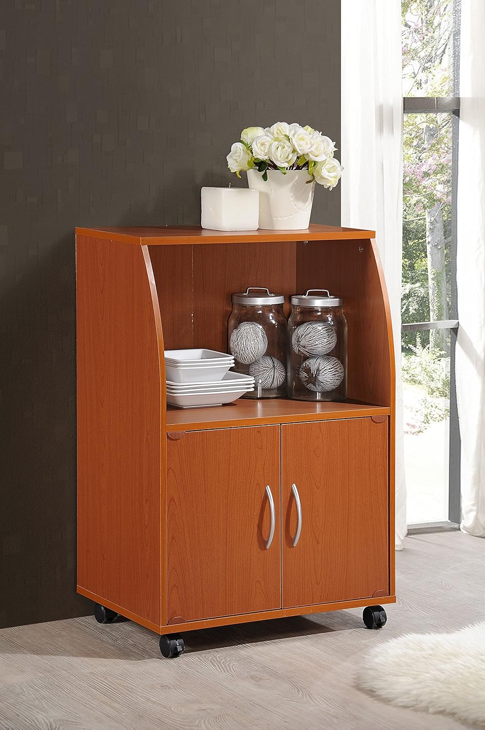 Cherry Mini Microwave Cart with Two Doors and Shelf Q57801