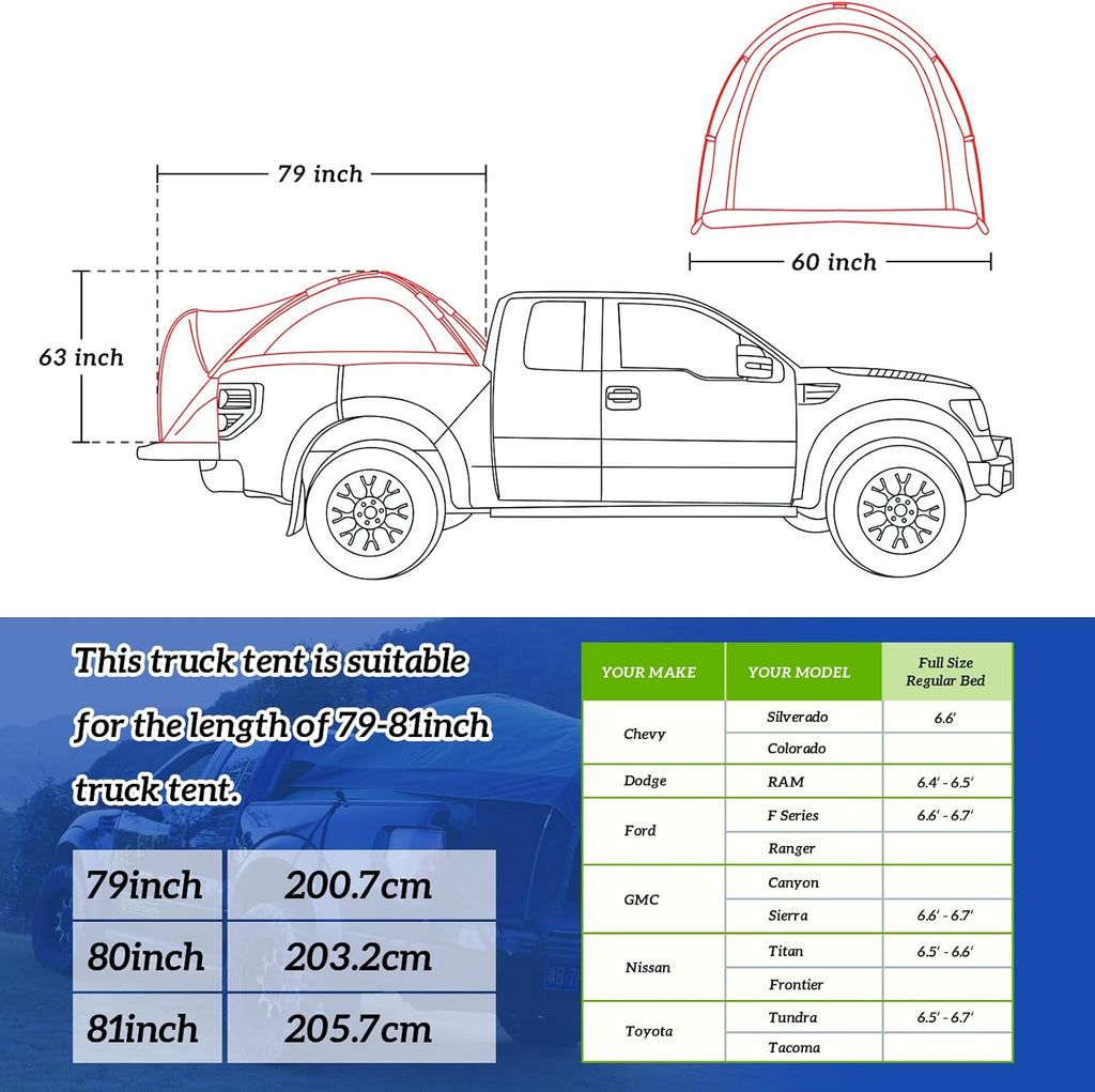 Full Size Truck Tent for Camping with Waterproof Rainfly, Double Layer, Fits Mattresses 79-81" W4616