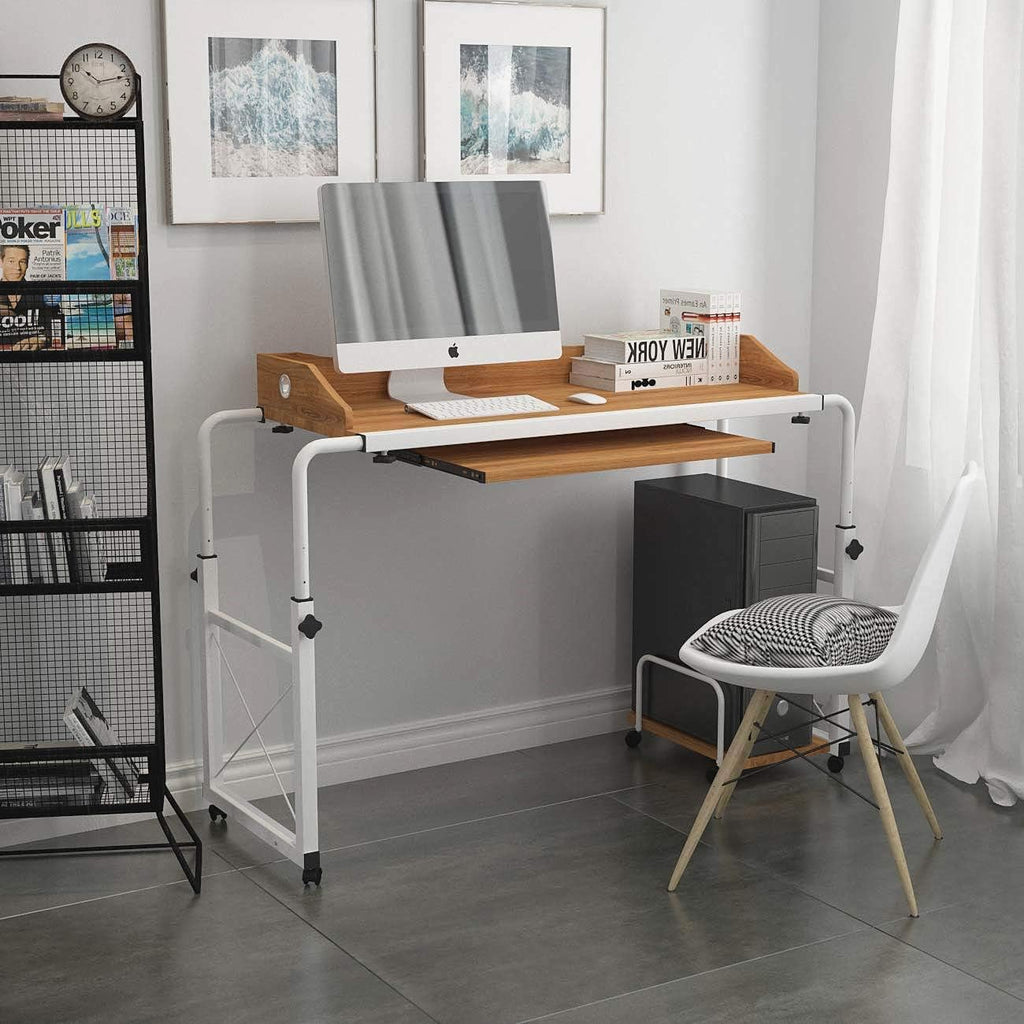Overbed Table with Wheels Adjustable Writing Desk with Keyboard Drawer Rolling Laptop Stand Computer Desk 78.7" Wide Wood Grain N3128
