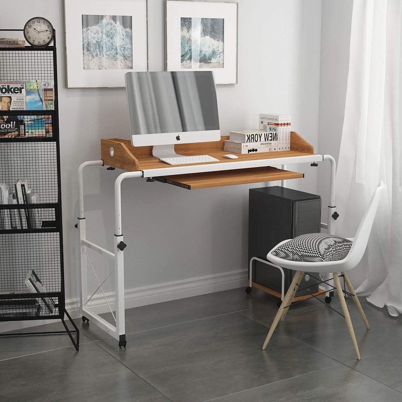 Overbed Table with Wheels Adjustable Writing Desk with Keyboard Drawer Rolling Laptop Stand Computer Desk 78.7" Wide Wood Grain N3128
