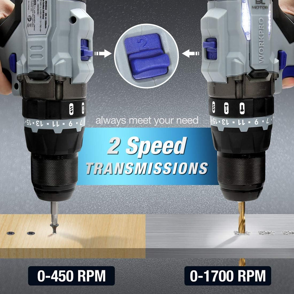 20V Brushless Cordless Drill with 2 Batteries 2.0 Ah and Auxiliary Handle G9014