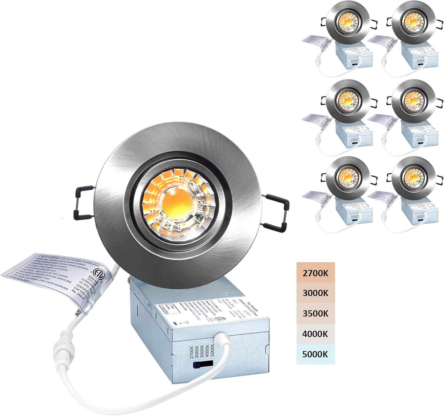 6 Pack Dimmable Recessed Gimbal Downlight with Junction Box H844834