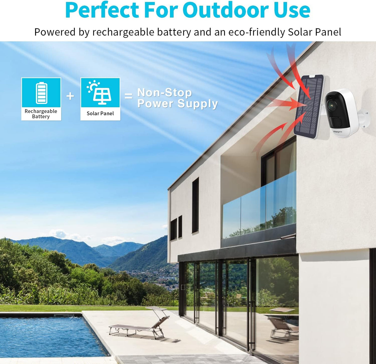 Wireless Security Camera Outdoor with Solar Panel, 5200mAh Rechargeable Battery, 2K WiFi Night Vision, IP66 Waterproof, PIR Motion Detection C891014