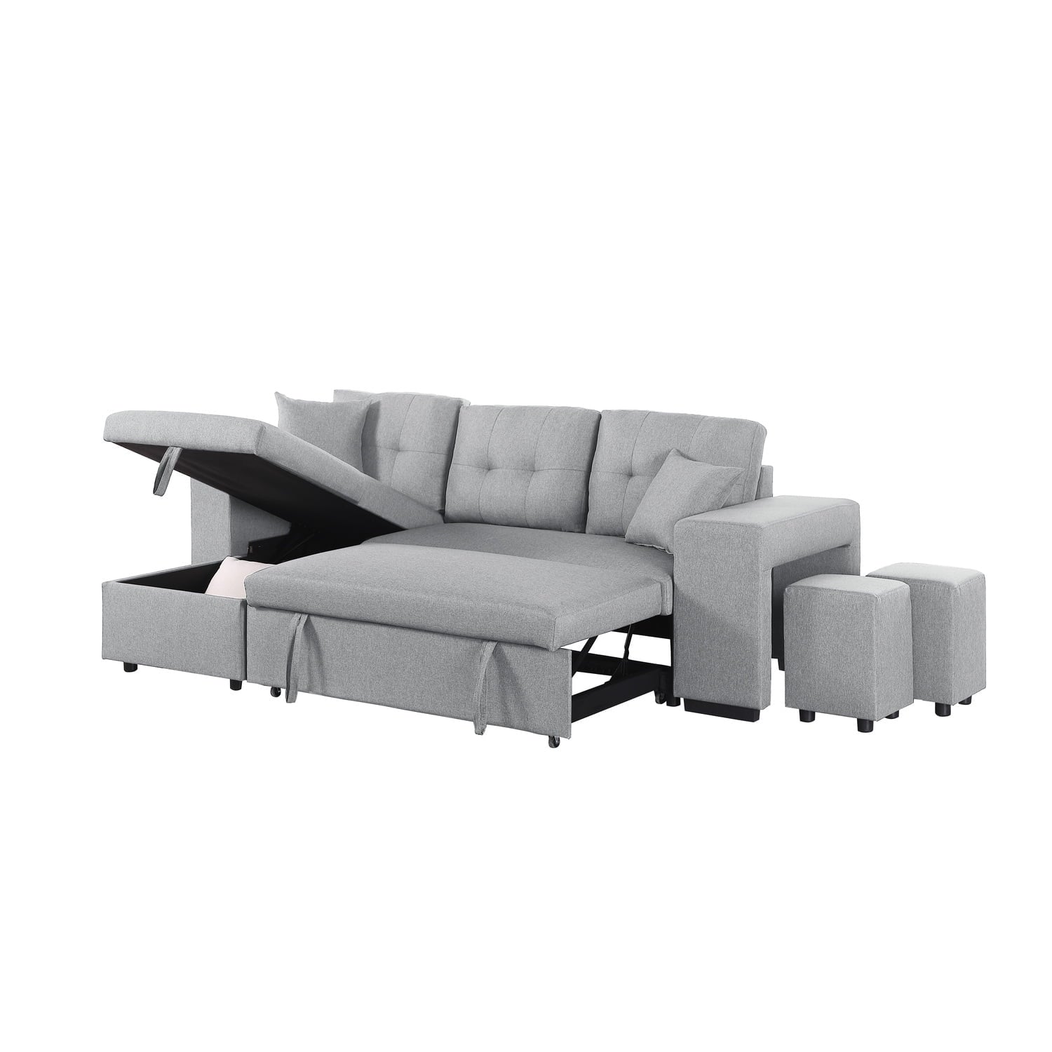 95" Wide Reversible Fabric Sofa Bed Chaise Ottoman Light Gray C323