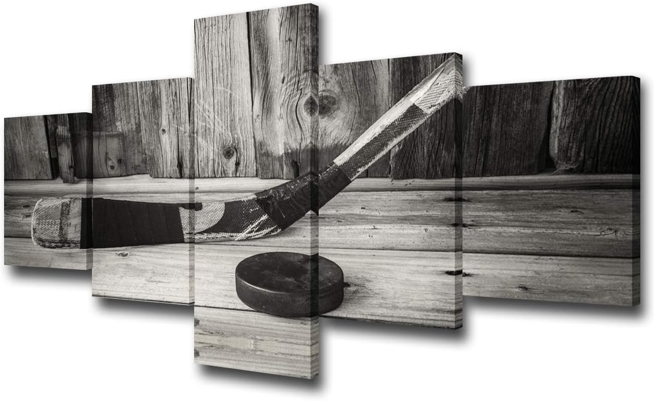 5 Panel Canvas Wall Art Hockey Stick and Puck Sliding Across The Ice Slap Shot Player Poster Stretched Framed (50''Wx24''H) H555