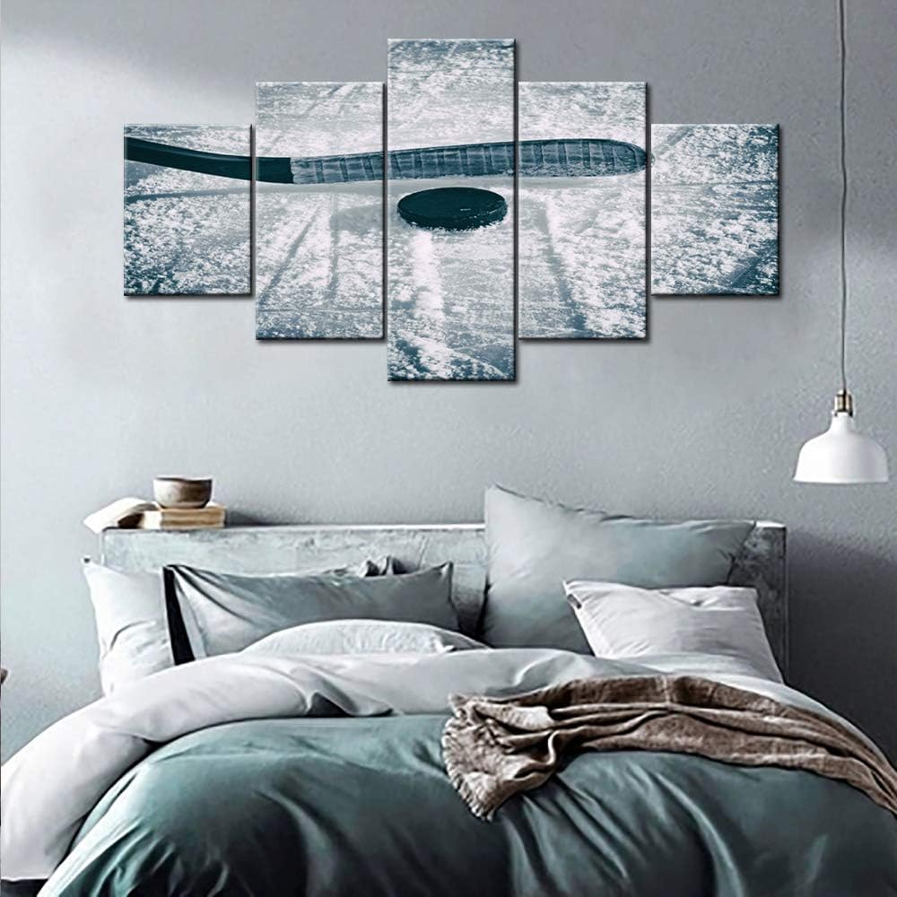 5 Panel Canvas Wall Art Hockey Stick and Puck Sliding Across The Ice Slap Shot Player Poster Stretched Framed (50''Wx24''H) H555