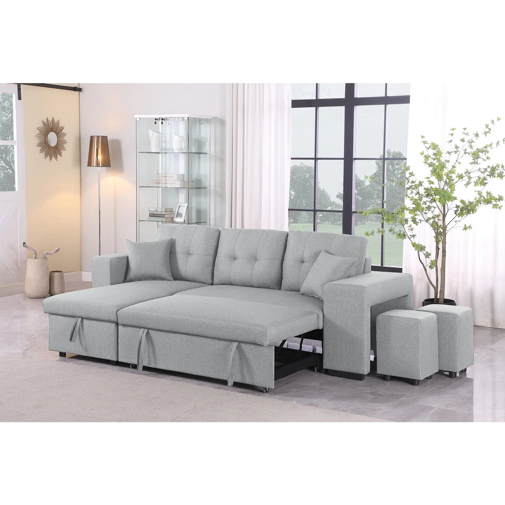 95" Wide Reversible Fabric Sofa Bed Chaise Ottoman Light Gray C323