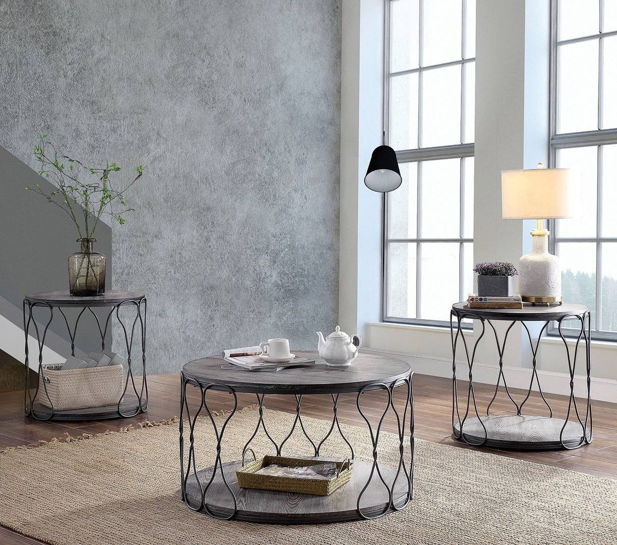 Gray and Brown Round Metal and Solid Wood End Table U934466