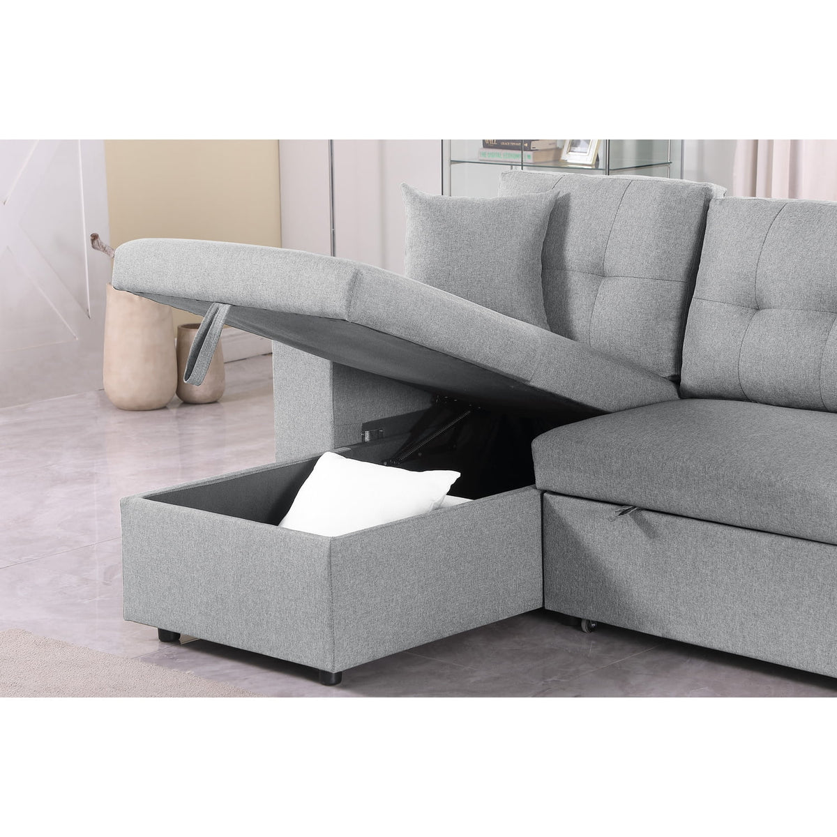 95" Wide Reversible Fabric Sofa Bed Chaise Ottoman Light Gray C323