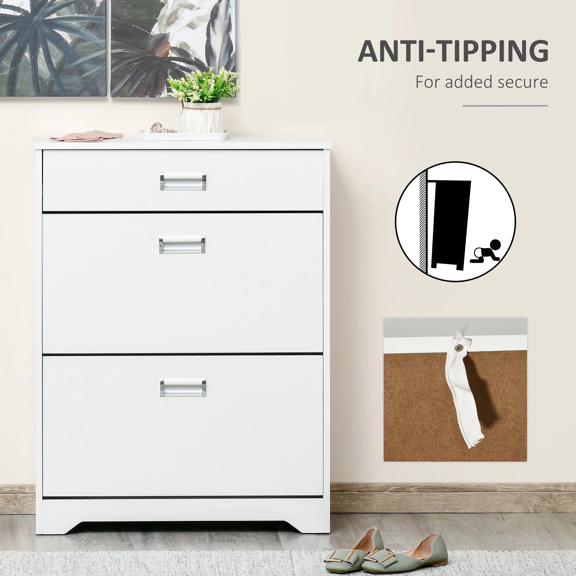 White 3-Drawer Shoe Cabinet with 2 Flip Doors B17548