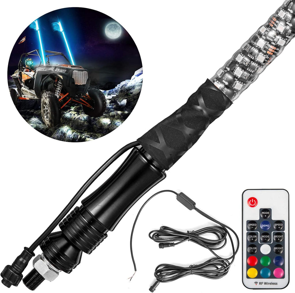 1PC 3FT 360° Spiral LED Whip Lights RGB Color Weatherproof RF Wireless Remote Pack of 2 J566718