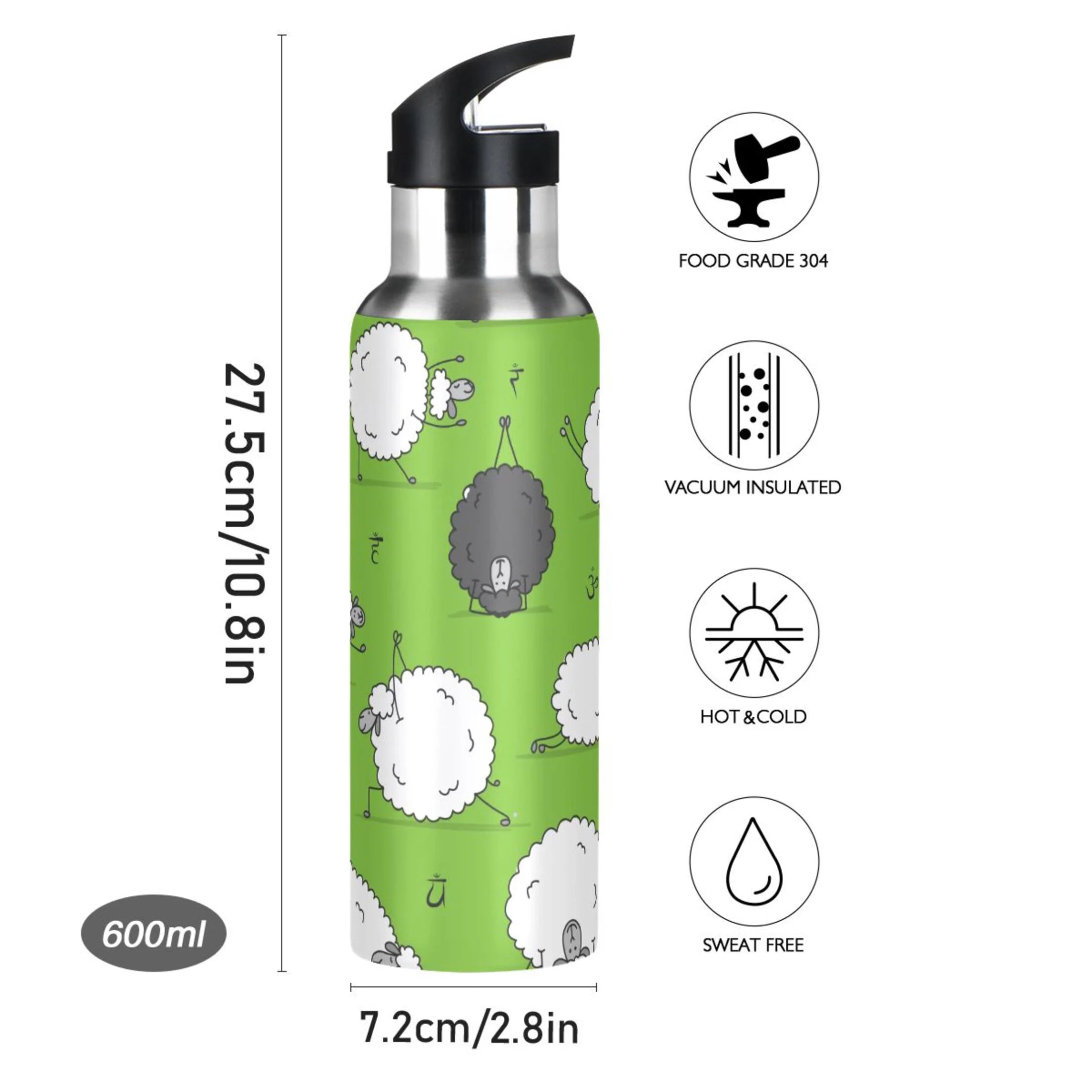 Green Stainless Steel Insulated Water Bottle with Straw Lid B592062