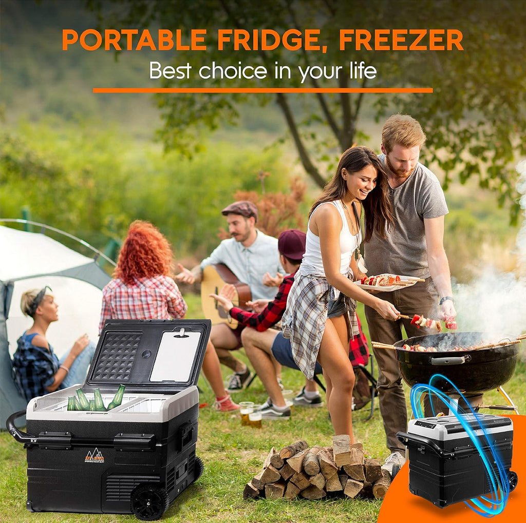 Portable Battery Operated Camping Fridge with Wheels, Dual Zone Freezer H2737