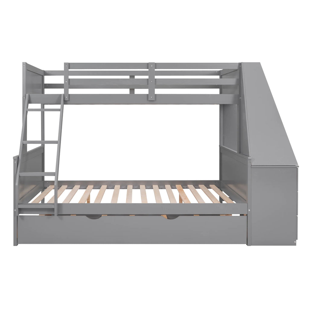 Twin over Full Bunk Bed with Trundle, Desk, 3 Drawers, Gray P9857