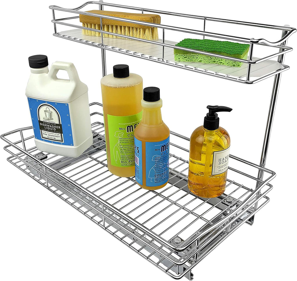 Under Sink Cabinet Organizer Pull Out Two Tier Sliding Shelf, Chrome O292416