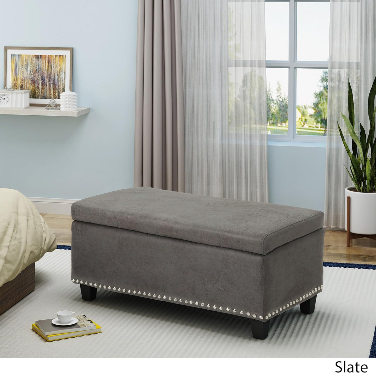 Slate Microfiber Storage Ottoman D8899