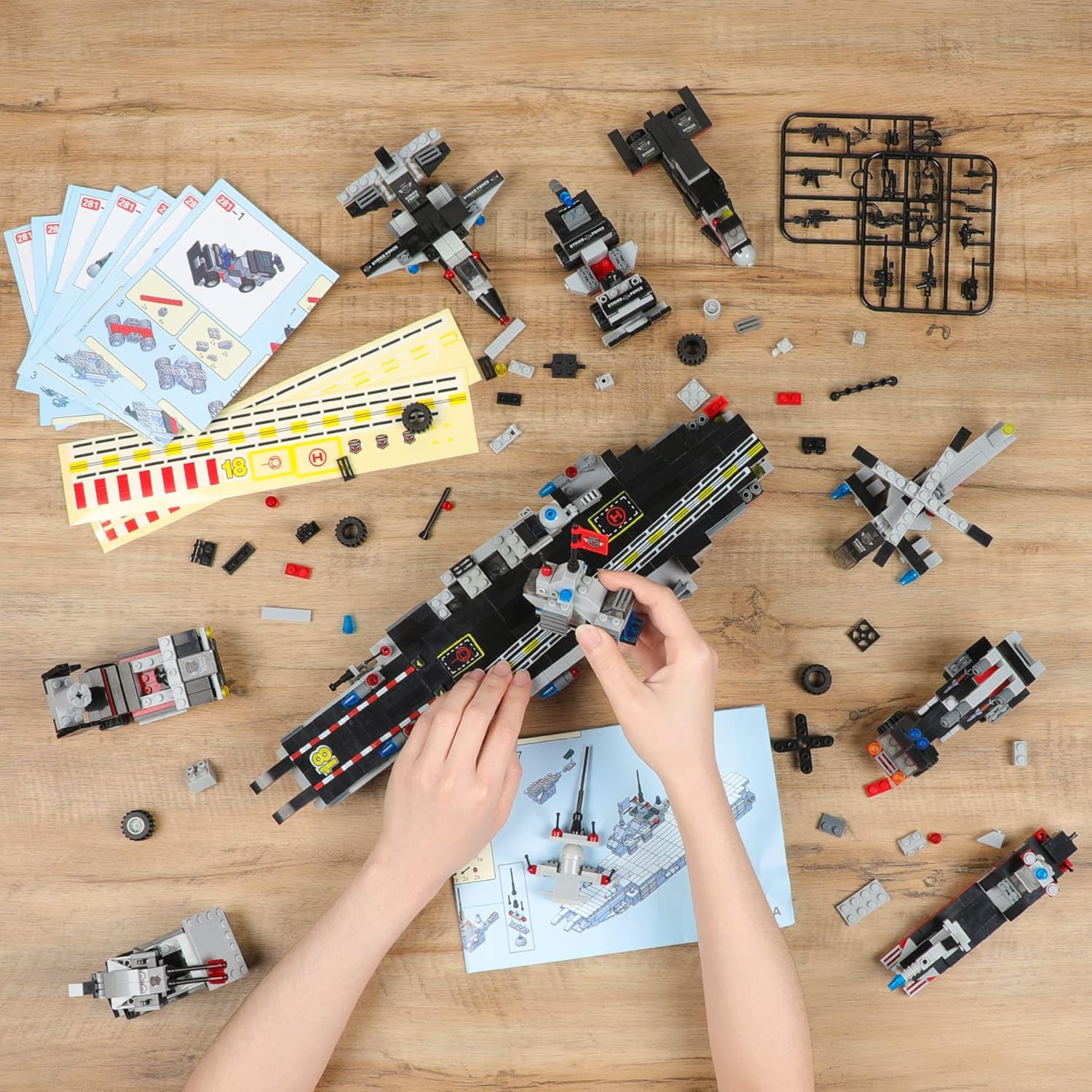 1630 Pieces Aircraft Carrier Building Blocks Set with Army Car, Helicopter, Airplane, Warship, Boat N9538