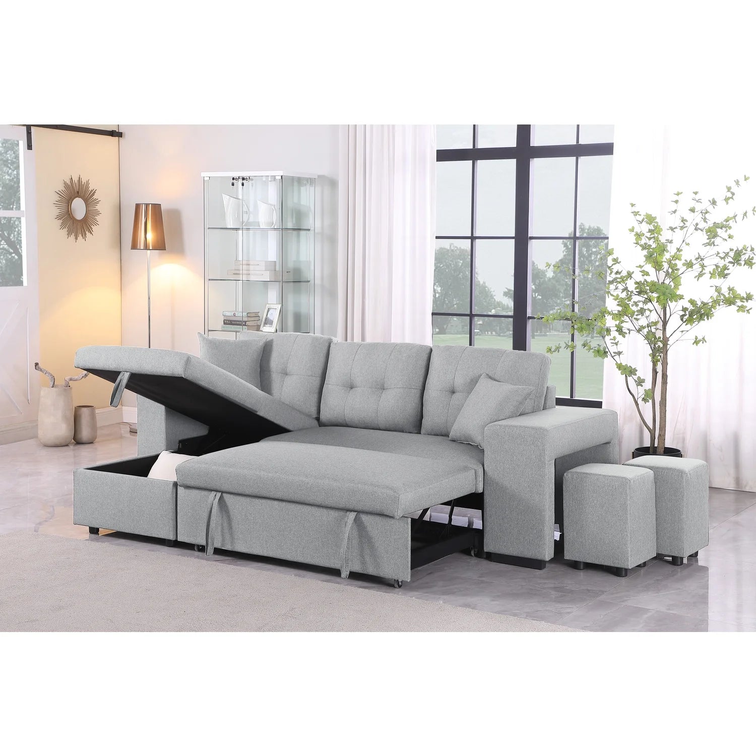 95" Wide Reversible Fabric Sofa Bed Chaise Ottoman Light Gray C323