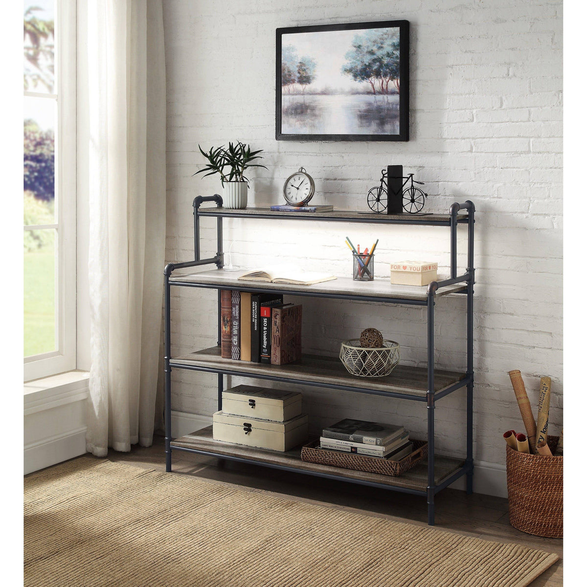 Antique Oak Book Shelf with Built-in USB Port and LED W3549