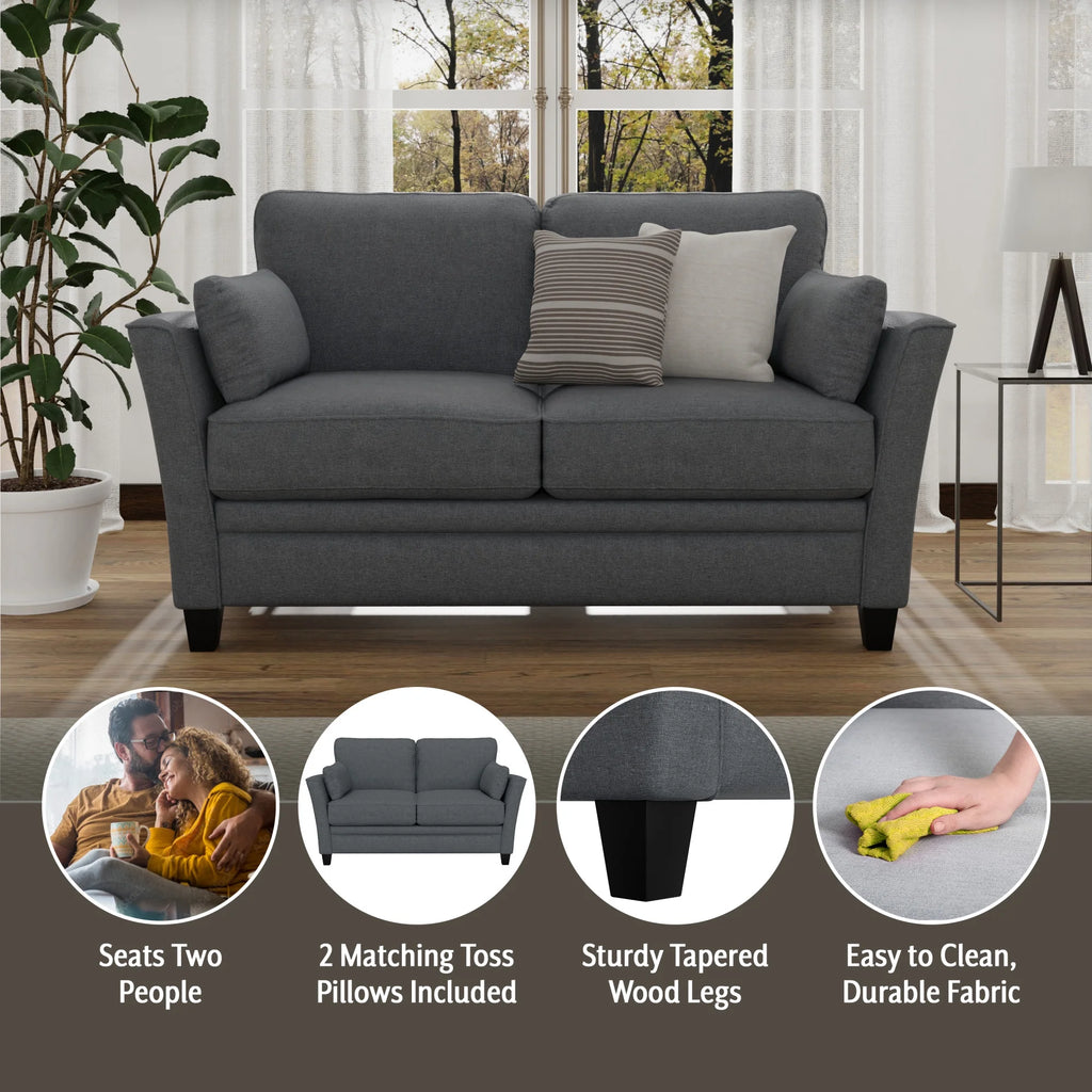 Gray Upholstered Loveseat with 2 Pillows L106
