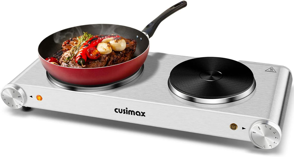 Electric Hot Plate 1500W Single Burner Cast Iron Portable Stove with Adjustable Temperature Control Silver Stainless Steel Non-Slip Rubber Feet Pack of 2 M864599