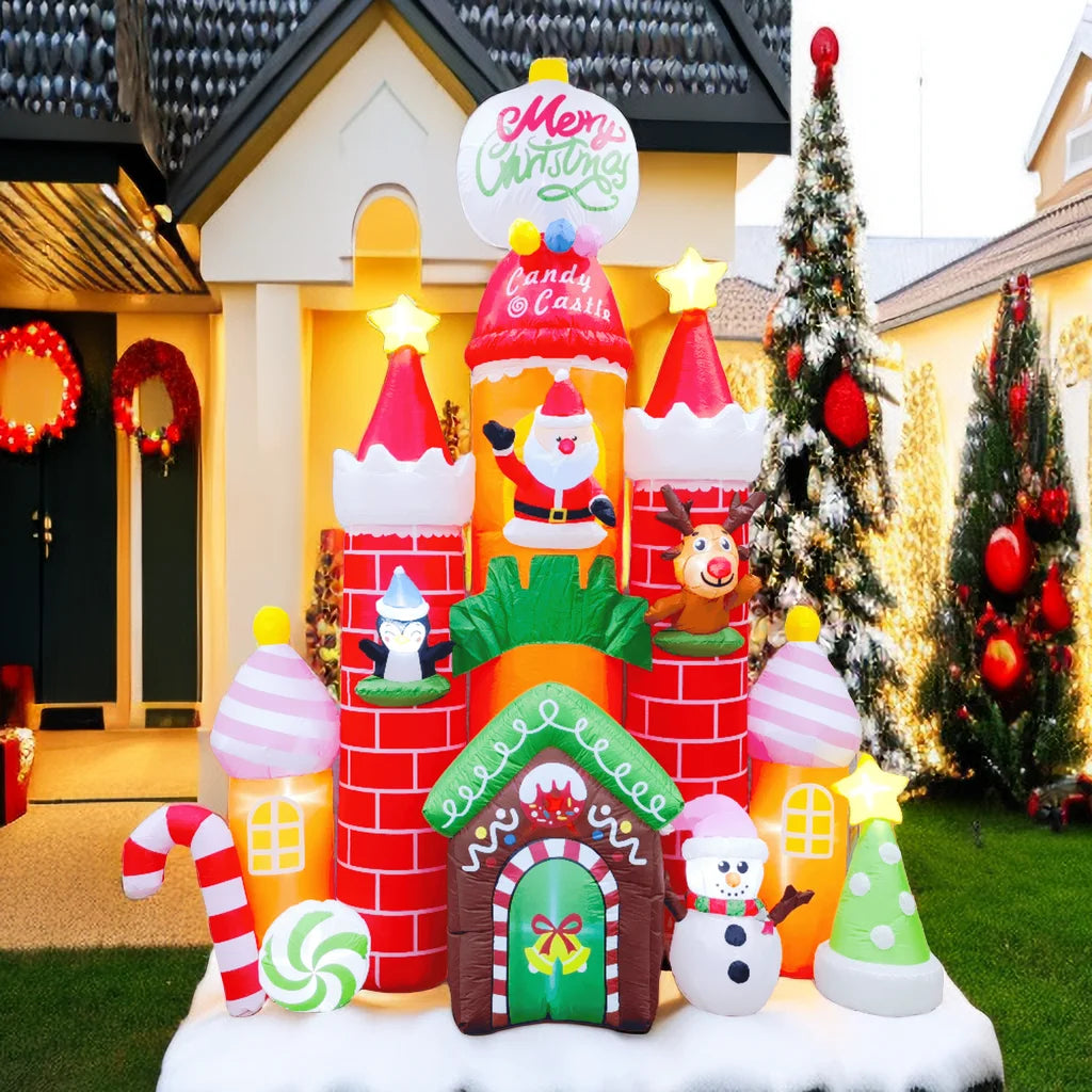 Inflatable Candy Castle Christmas Yard Decorations with LED Light and Air Blower V1652
