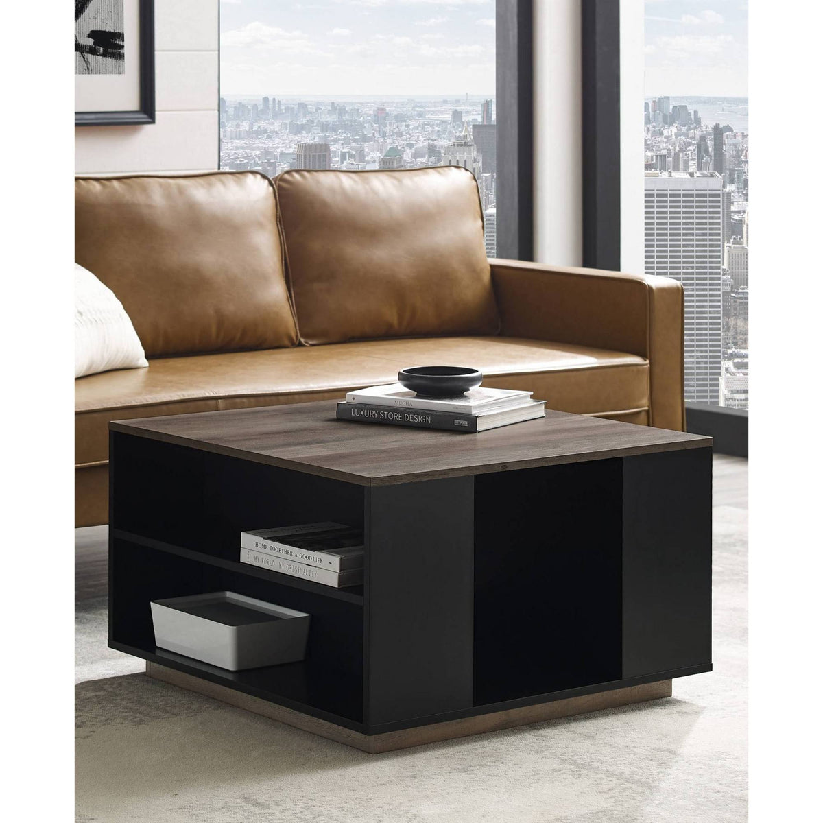 Solid Black/Gray Wash Square Storage Coffee Table E931287