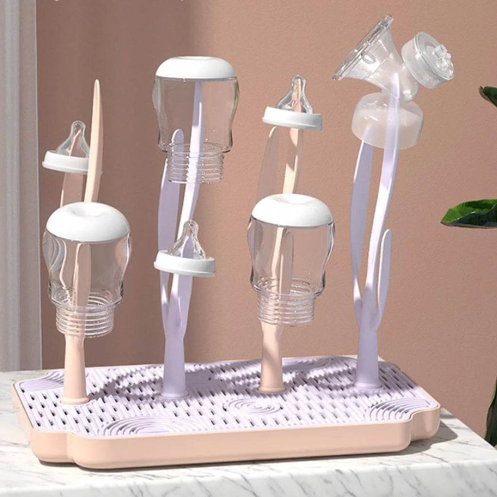 Pink Baby Bottle Drying Rack with Drainer Tray I824