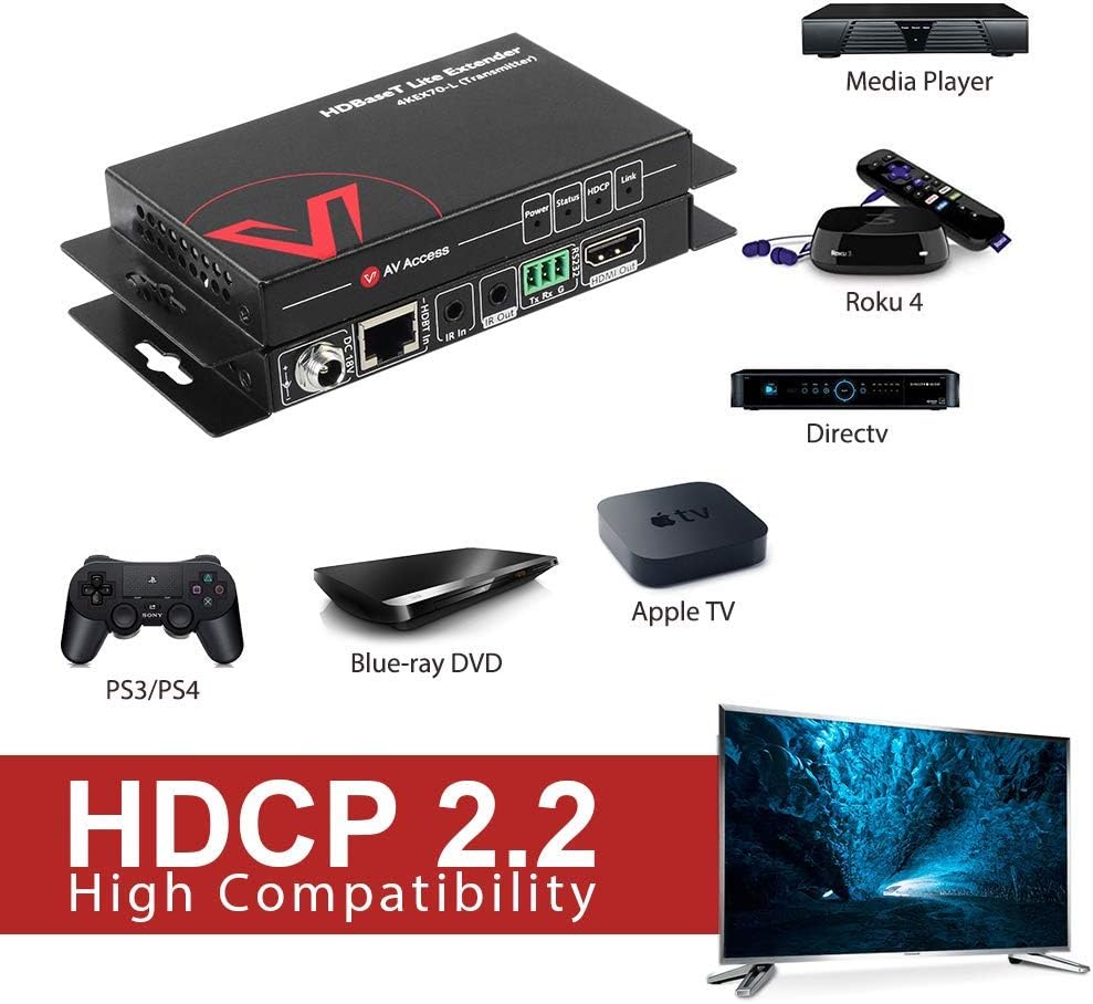 HDBaseT HDMI Extender Over Single Cat5e/6a/Cat7 Ethernet, 4K@60Hz 130ft, PoE IR RS232 HDCP2.2 HDR CEC EDID Q18290