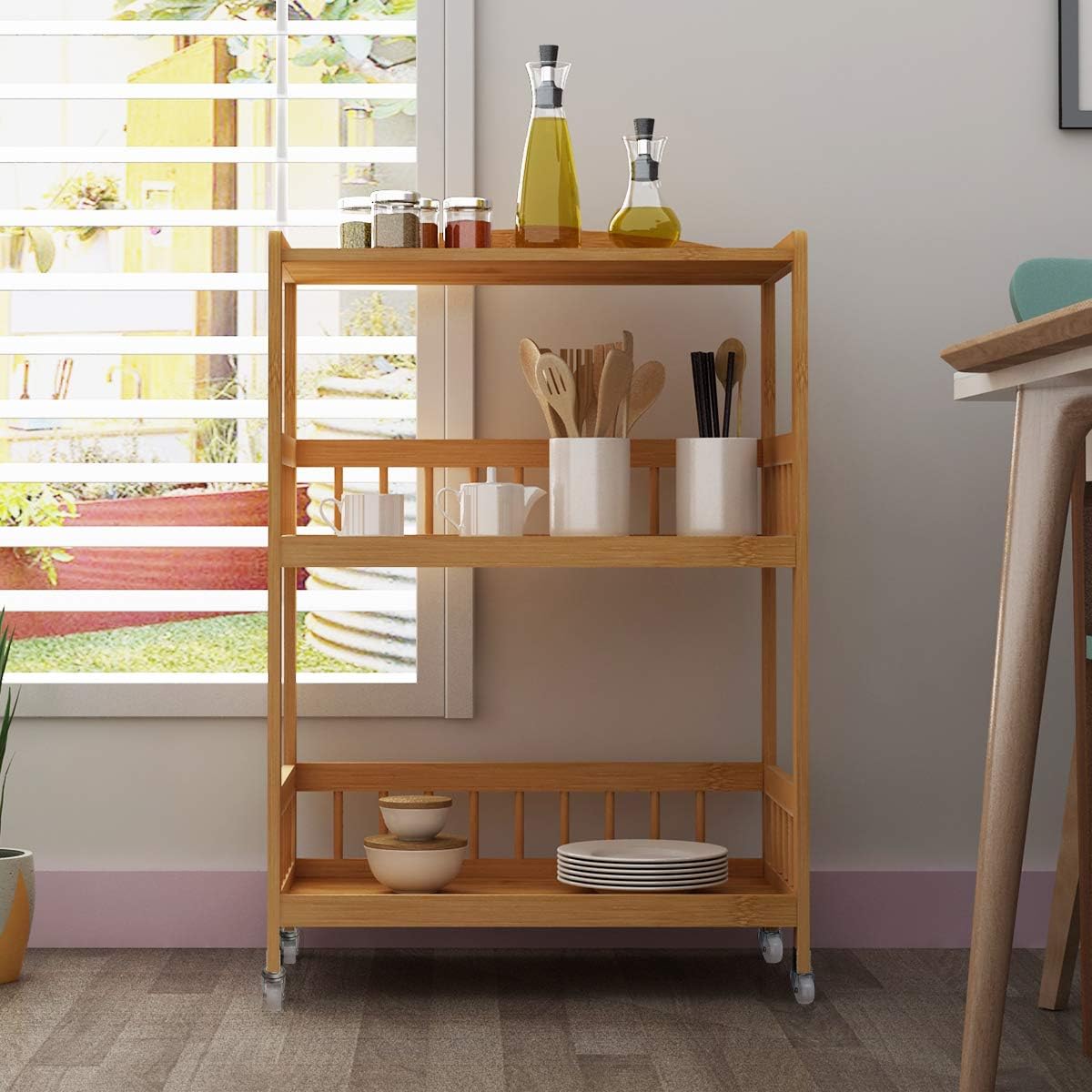 3-Tier Bamboo Storage Utility Cart on Wheels Z5615