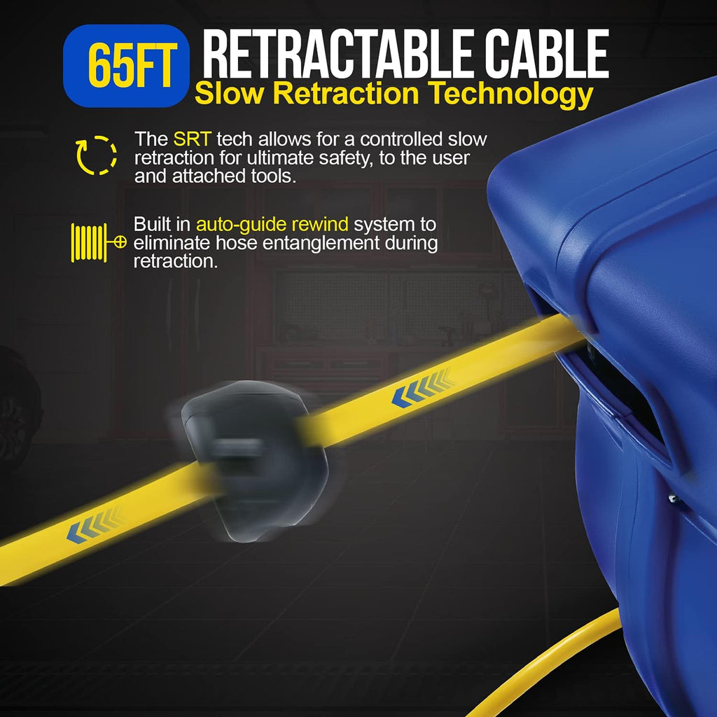 Retractable Extension Cord Reel 14AWG 65 Foot 3C/SJTOW Commercial Cable Triple Tap Connector Power 10A 125VAC 1250W X206