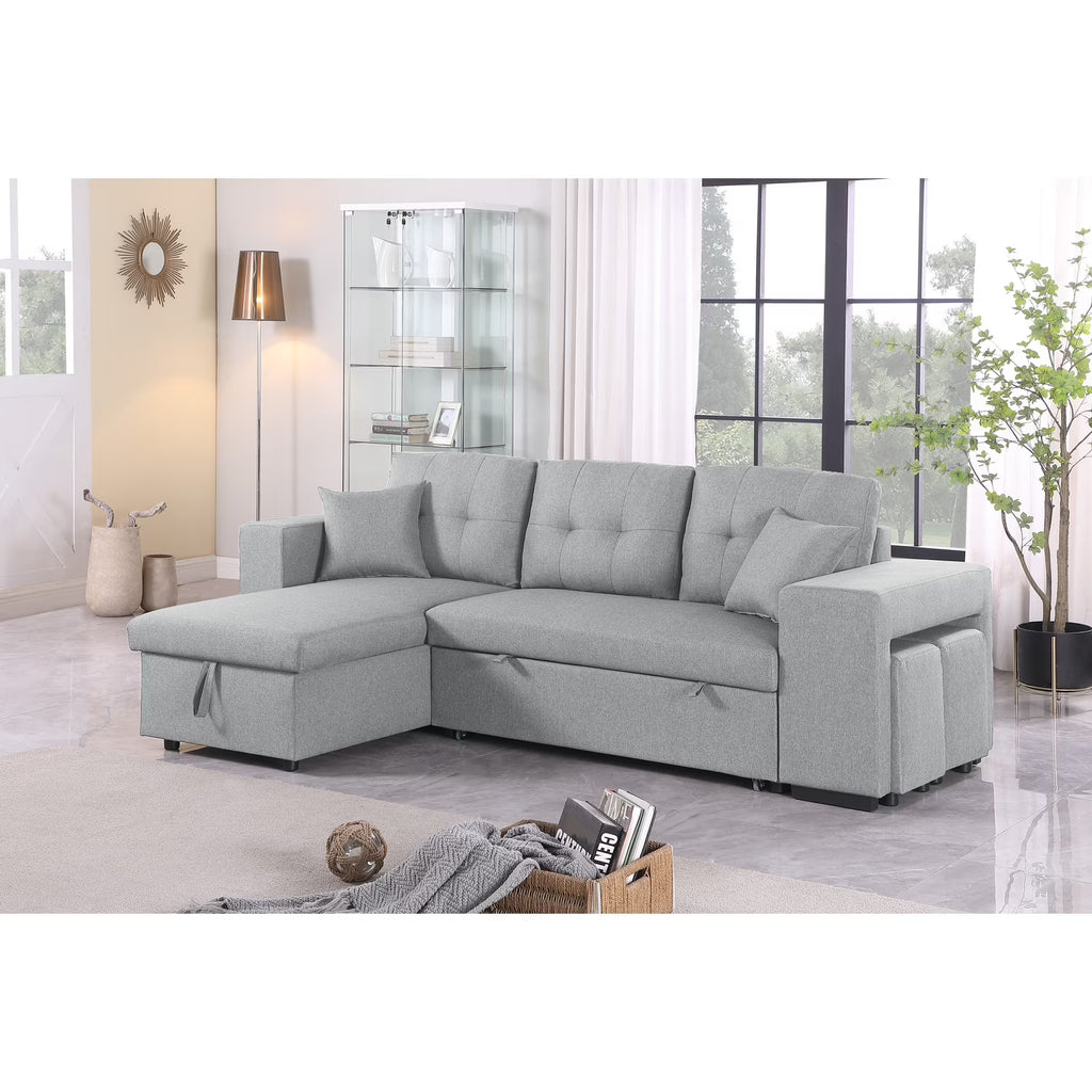 95" Wide Reversible Fabric Sofa Bed Chaise Ottoman Light Gray C323