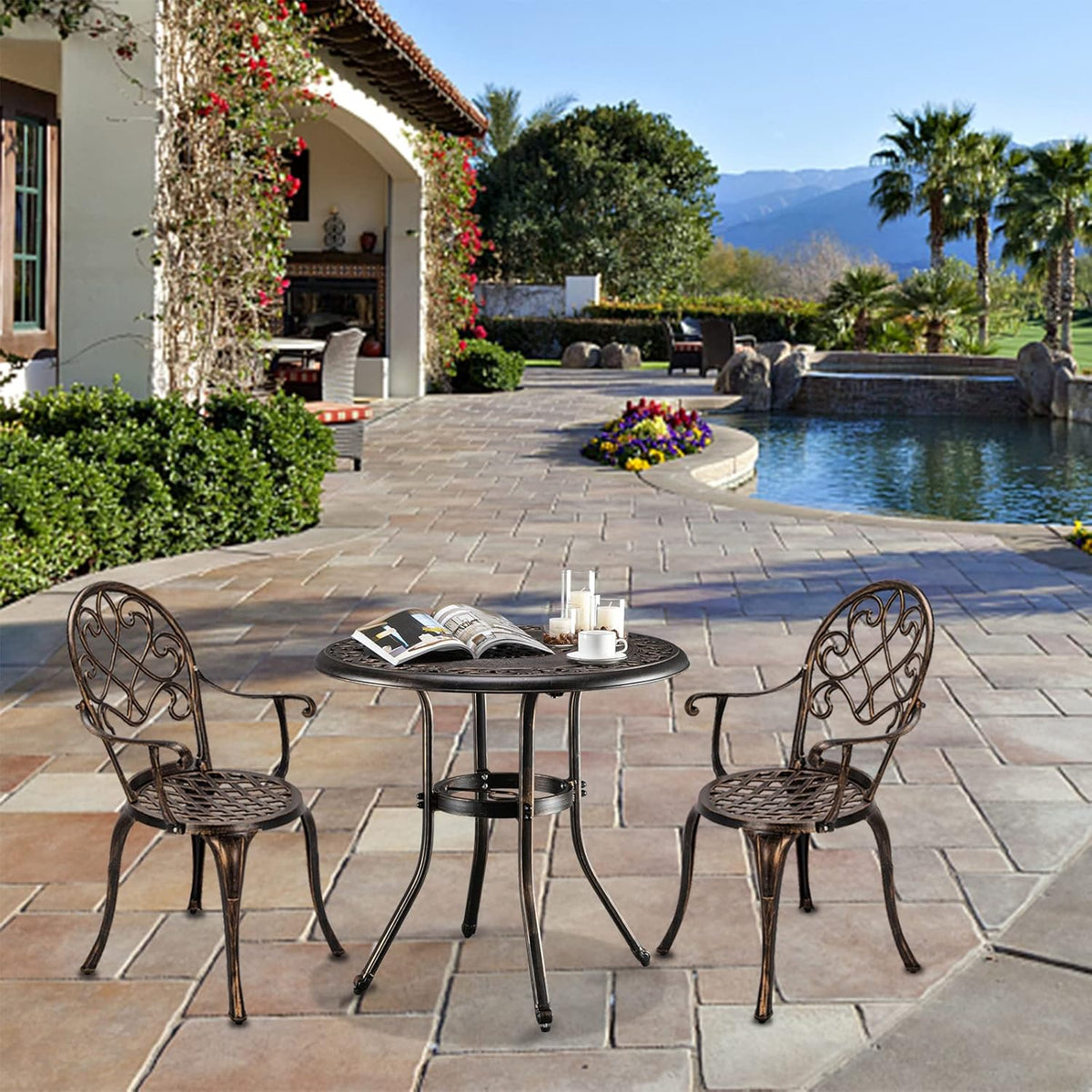 Patio Dining Table with Umbrella Hole, Cast Aluminum Outdoor Furniture I337523