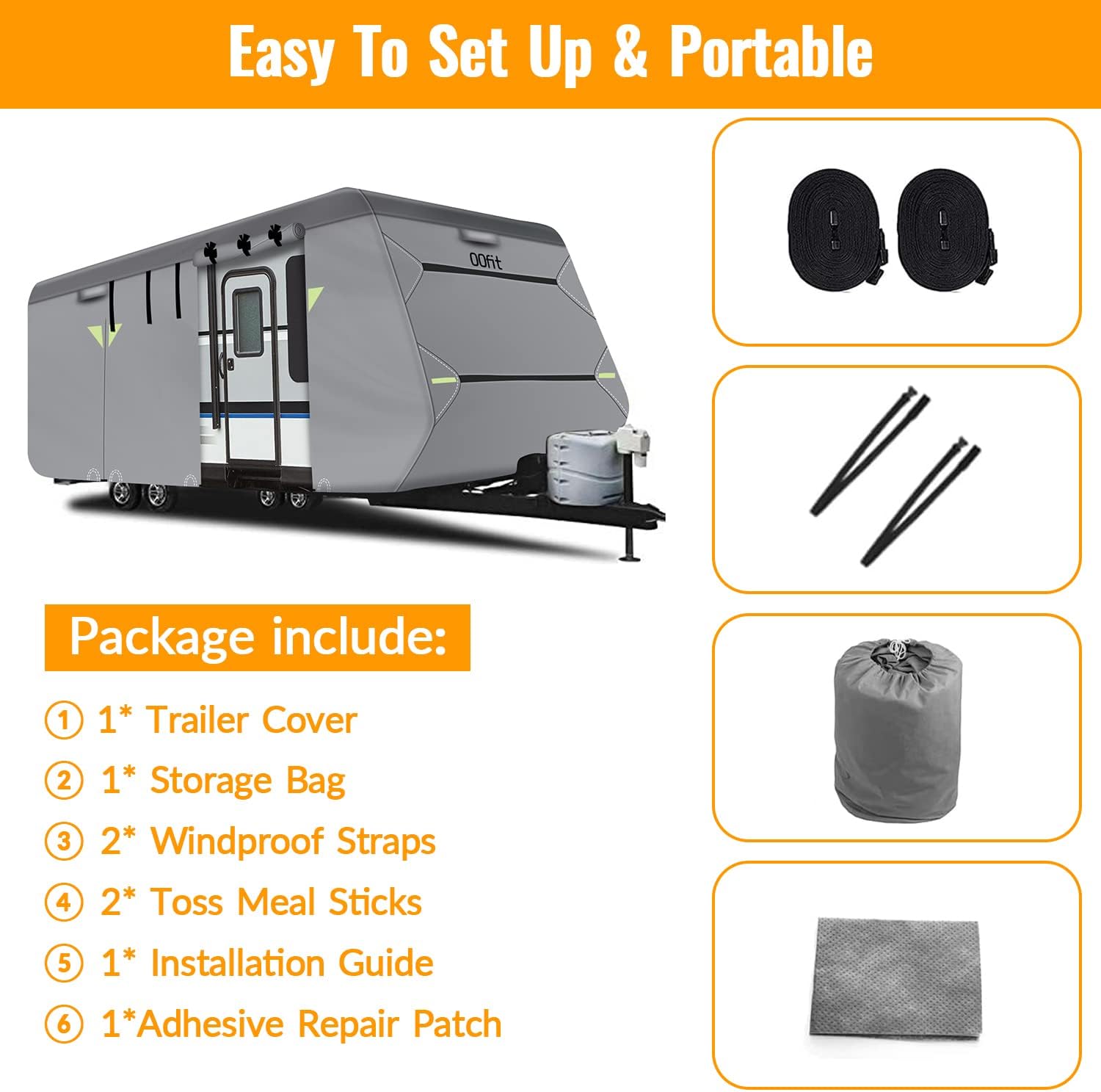 5 Layers Waterproof Travel Trailer RV Cover with 2 Windproof Straps Q6989