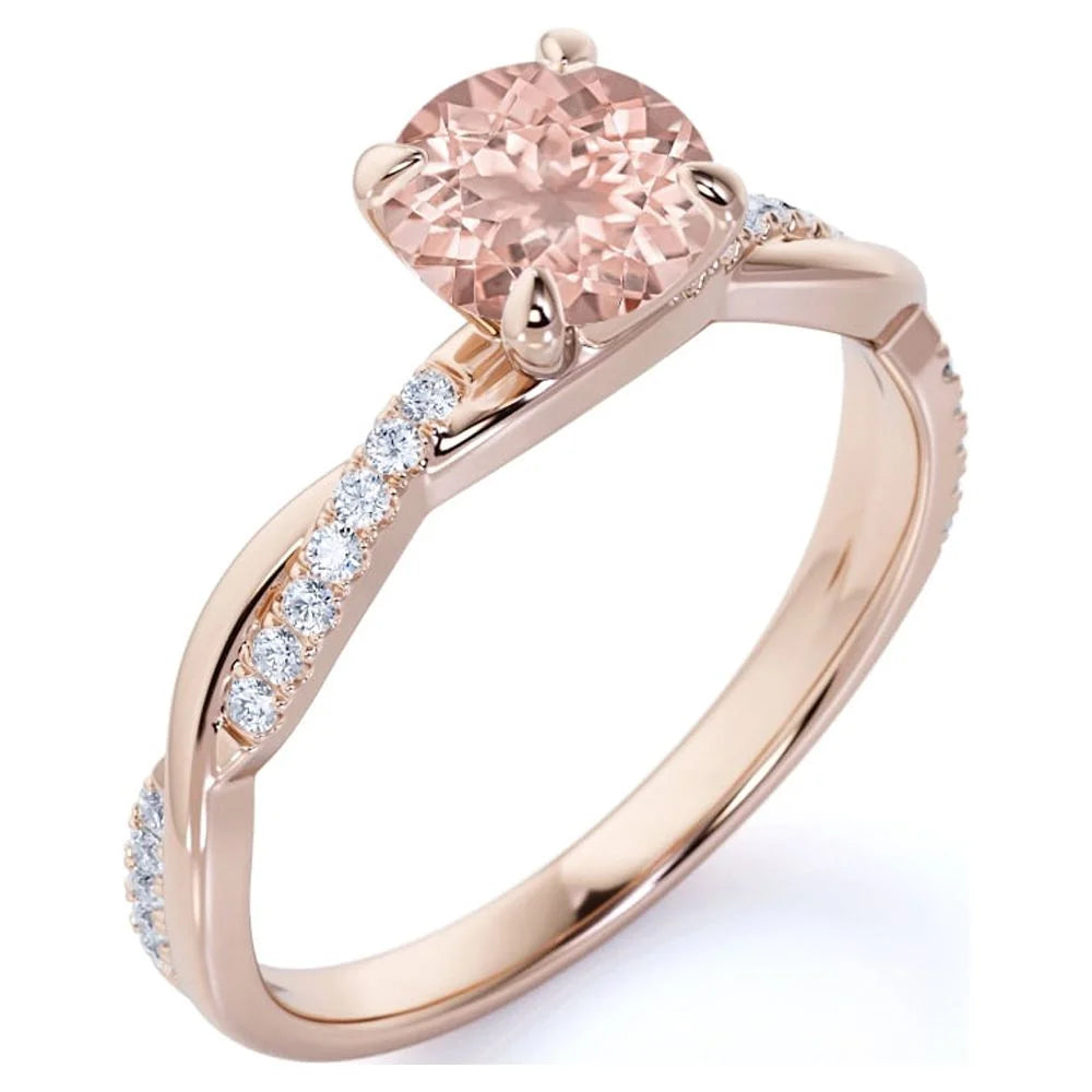 Peach Pink 1 Carat Round Cut Created Morganite and Moissanite Engagement Ring in 18k Gold Over Sterling Silver R745061