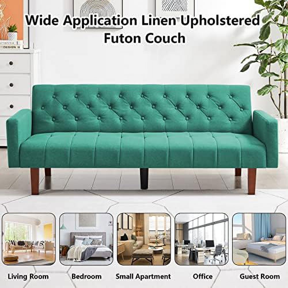 Green Linen Upholstered Convertible Sofa Bed 74" 3 Seater R8984