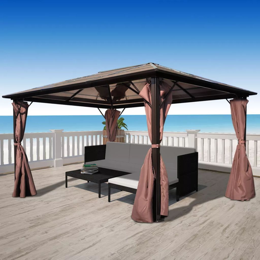 Gazebo with Curtain Sunshade Shelter Hook, Loop Fastener Sunlight Brown Aluminum 13' x 10' x 8' W316