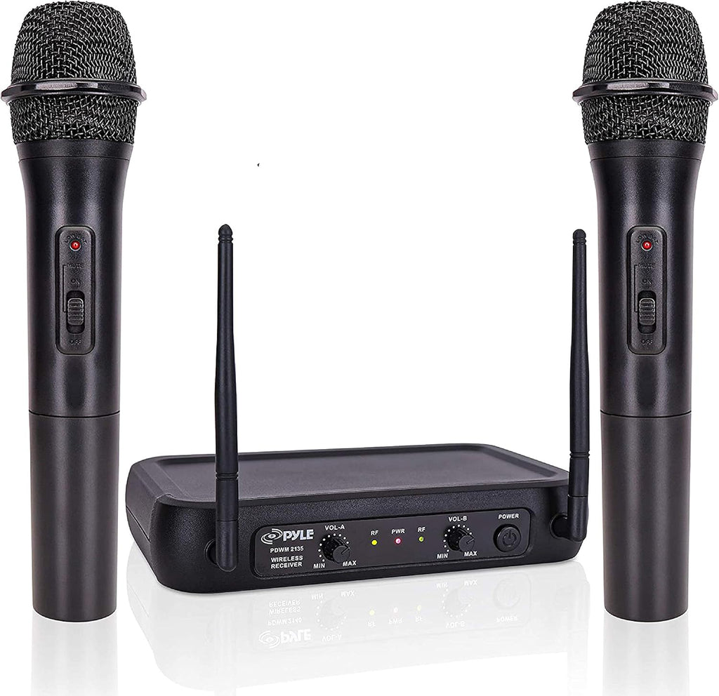 VHF Fixed Dual Frequency Wireless Microphone System with 2 Handheld Dynamic Transmitter Mics, Black C424275