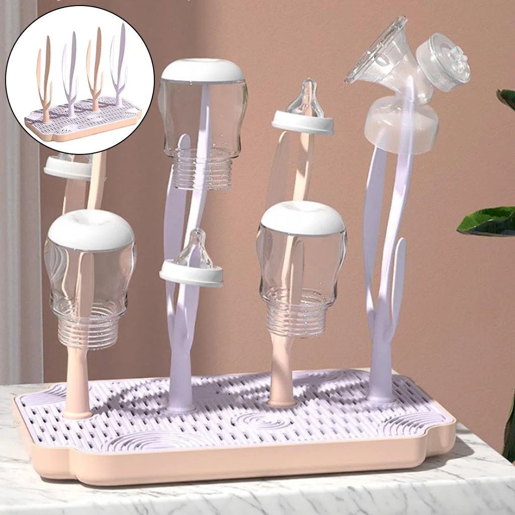 Pink Baby Bottle Drying Rack with Drainer Tray I824