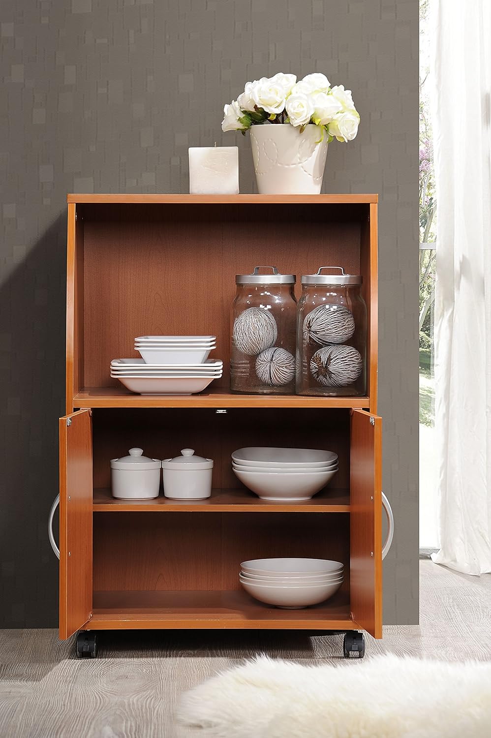 Cherry Mini Microwave Cart with Two Doors and Shelf Q57801