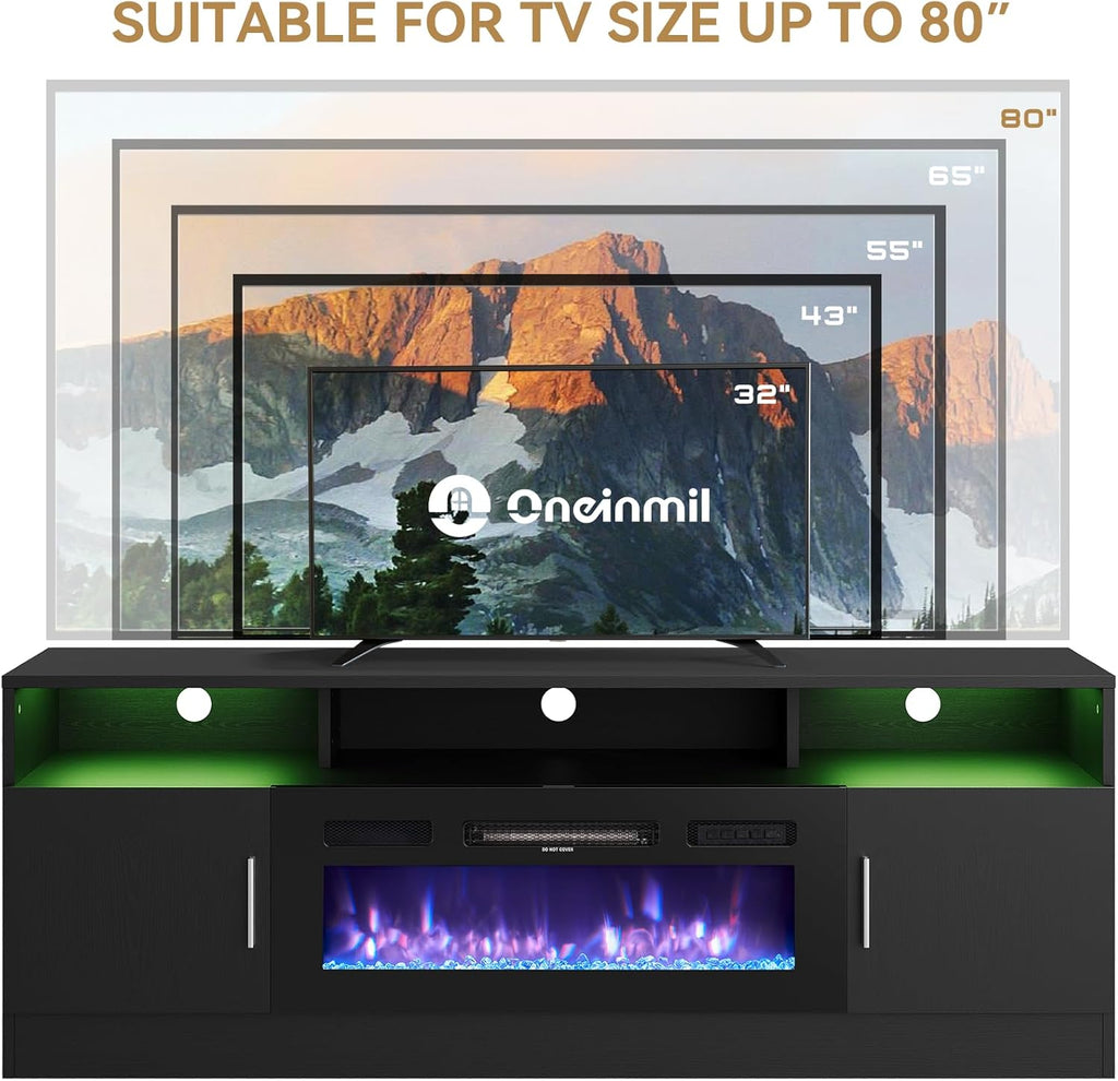 Black 70" Fireplace TV Stand with Electric Fireplace T185