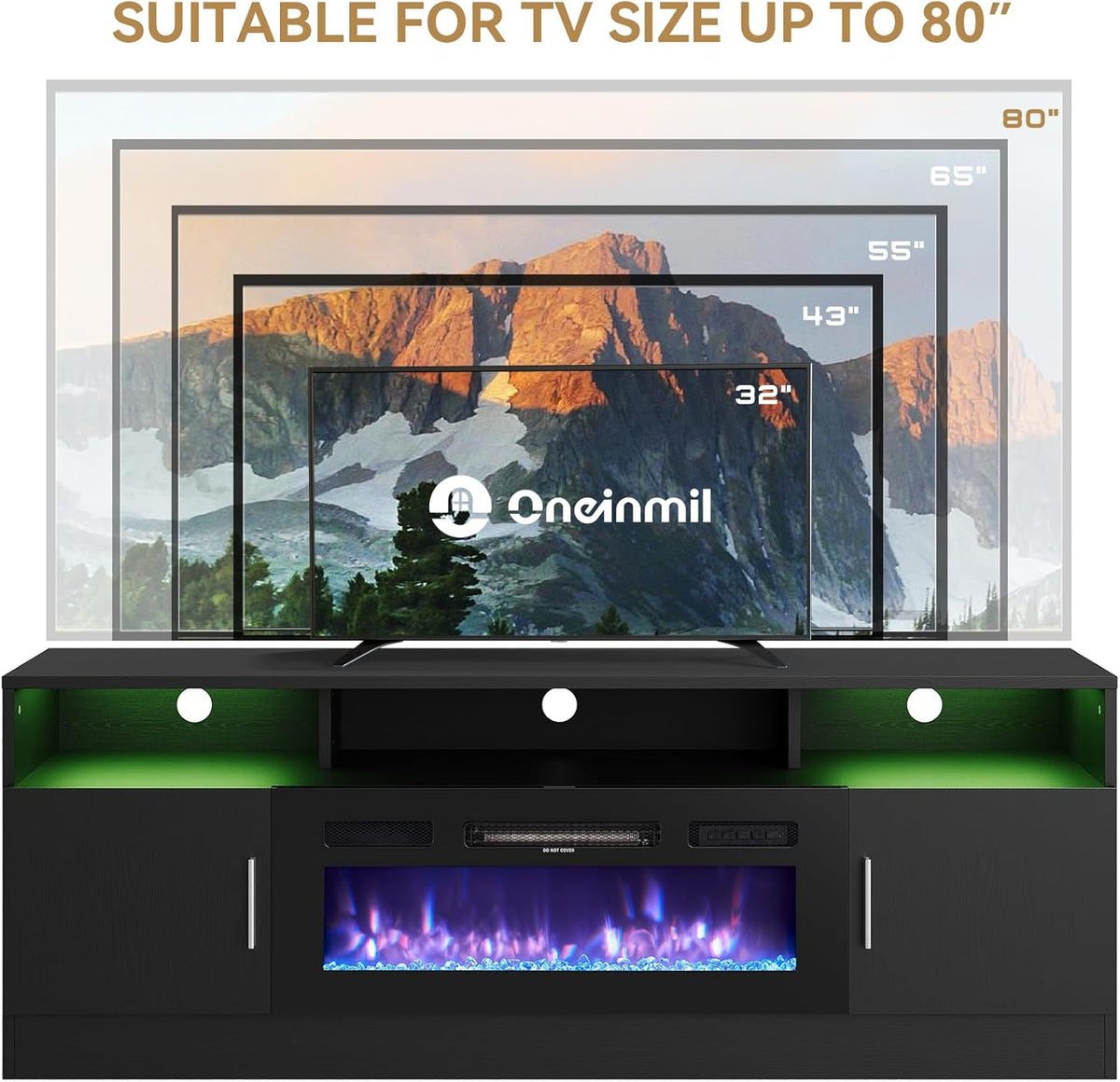 Black 70" Fireplace TV Stand with Electric Fireplace T185