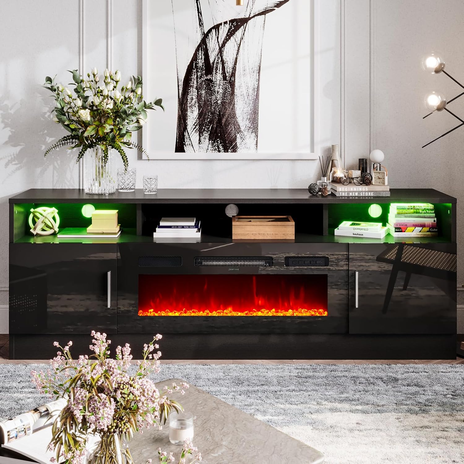 Black 70" Fireplace TV Stand with Electric Fireplace T185