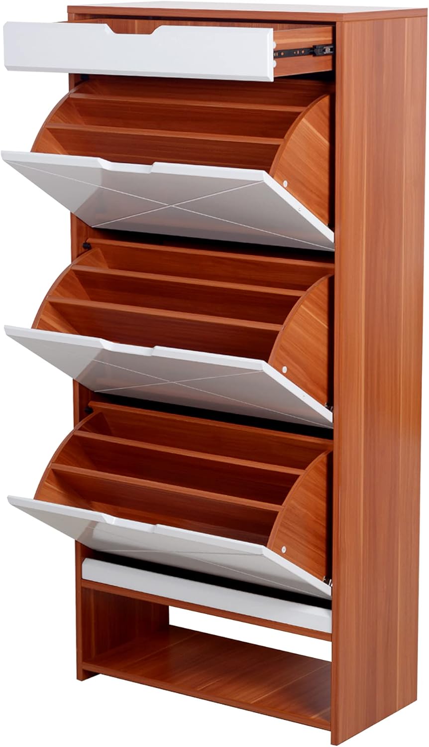 Shoe Storage Cabinet Wood with Doors and Shelves, 4 Fold Out Drawers Z482