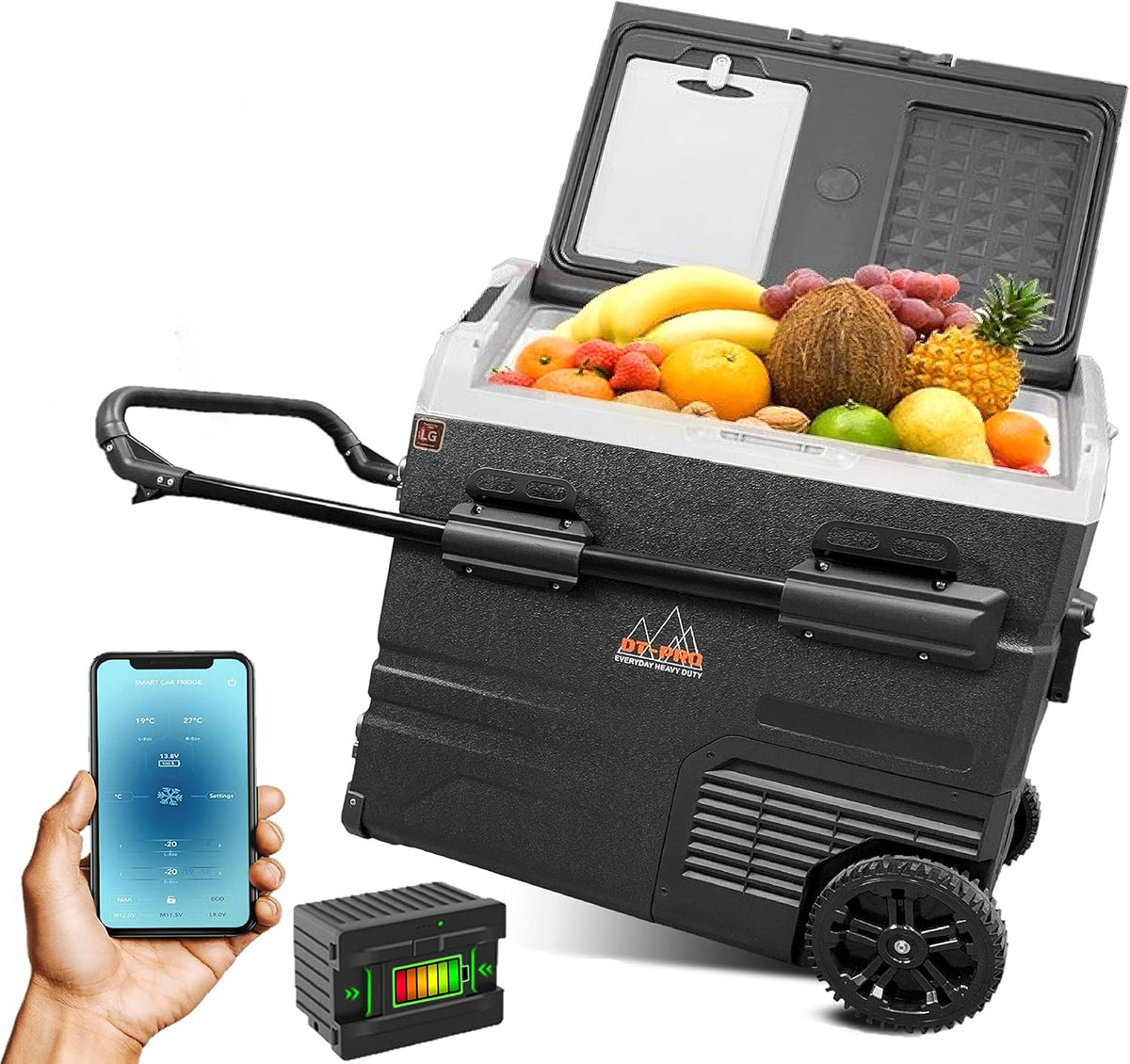 Portable Battery Operated Camping Fridge with Wheels, Dual Zone Freezer H2737