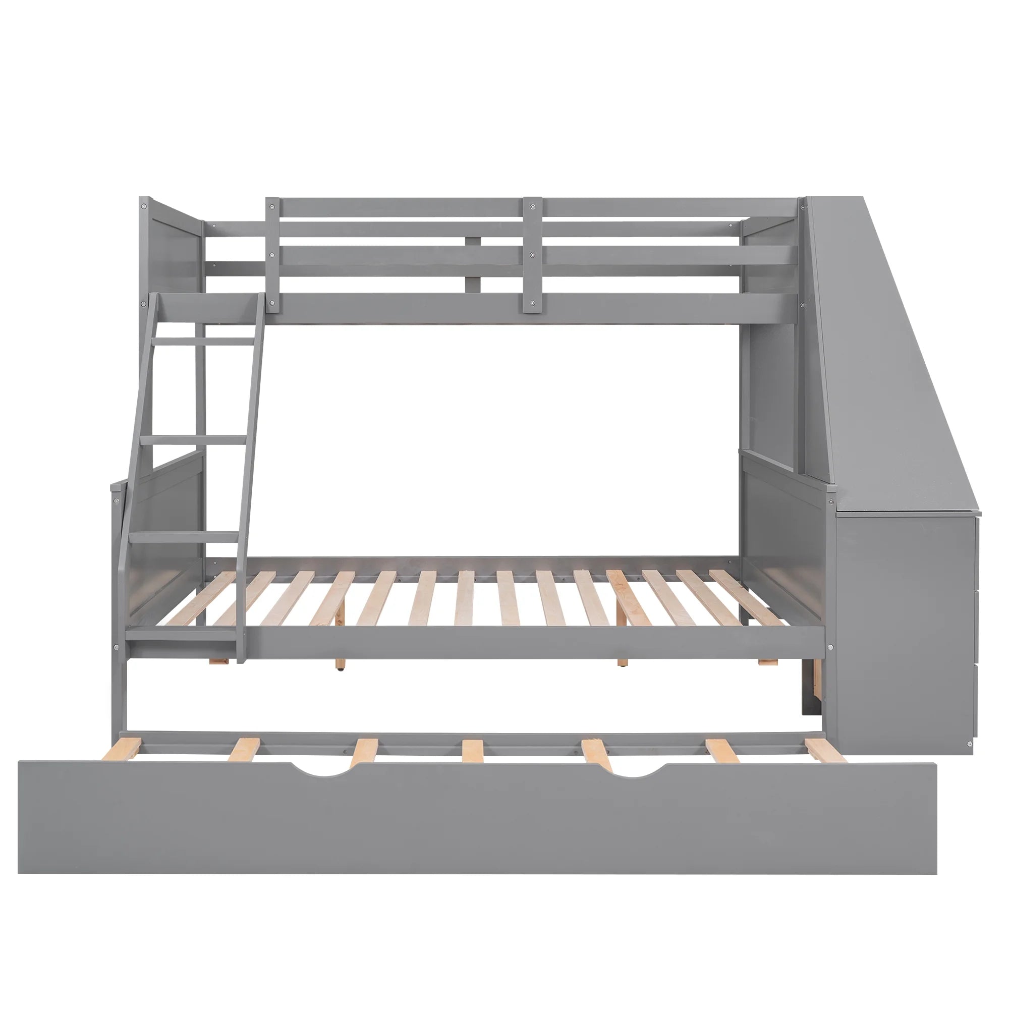 Twin over Full Bunk Bed with Trundle, Desk, 3 Drawers, Gray P9857