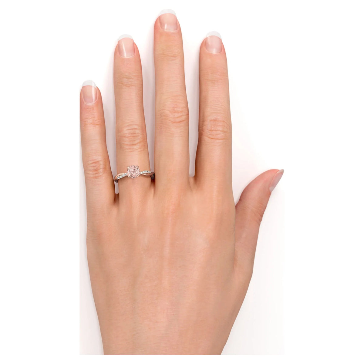 Peach Pink 1 Carat Round Cut Created Morganite and Moissanite Engagement Ring in 18k Gold Over Sterling Silver R745061