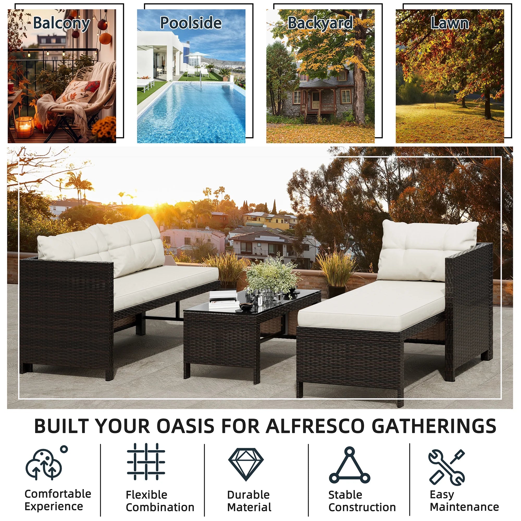 3 Pieces Outdoor Patio Sectional Sofa C87857